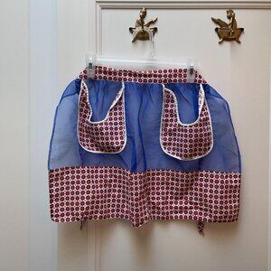 Vintage 1950s Sheer Blue & Red Floral Half Apron